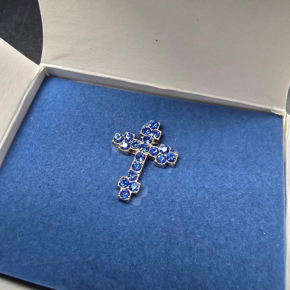 Avon Blue Inspirational Cross Pin Rhinestone NIB In Box Vintage Jewelry
